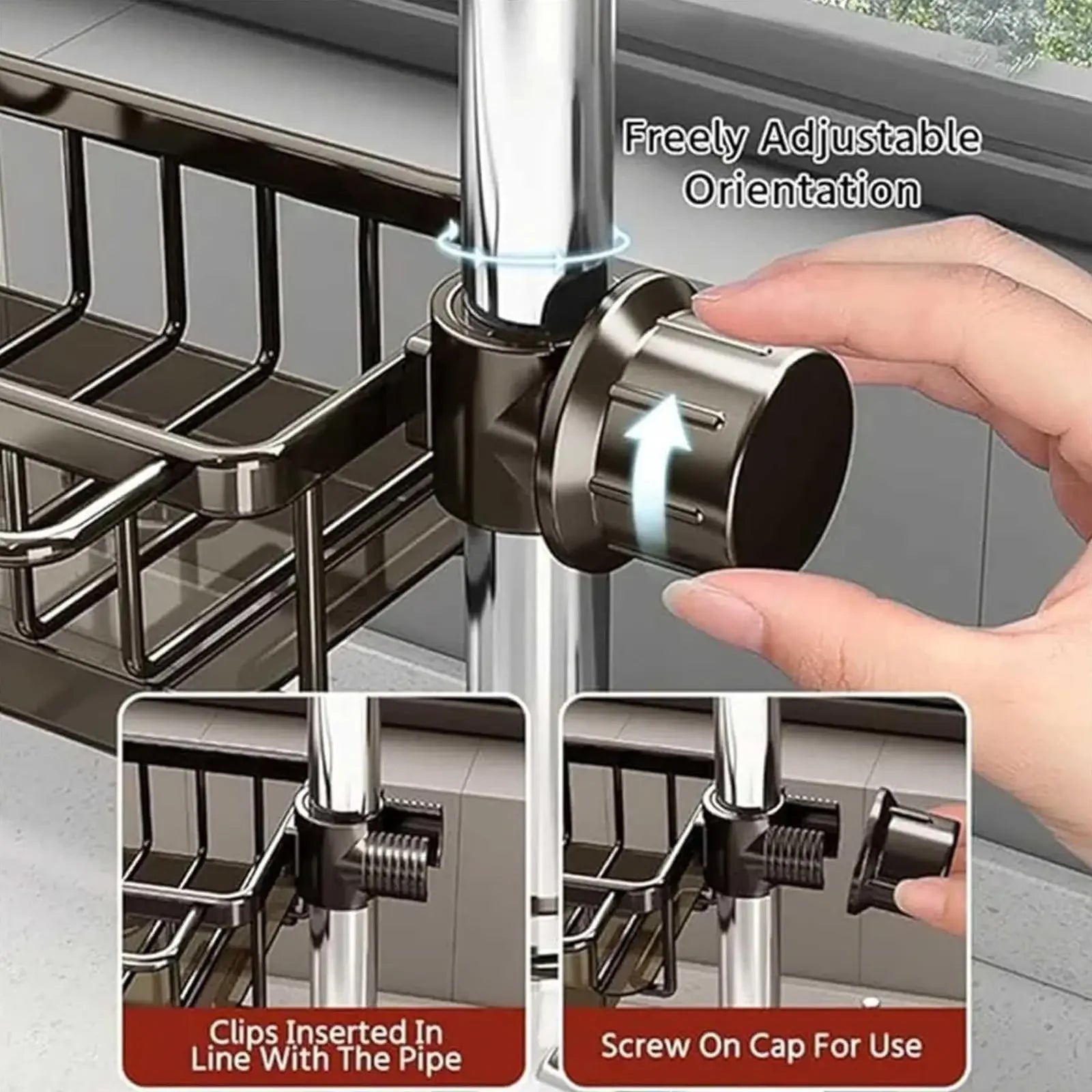 Adjustable kitchen sink caddy with clips & screw-on cap for pipe mounting, space-saving organizer