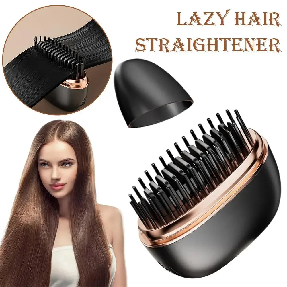 Lazy hair straightener brush with ceramic bristles for smooth, frizz-free styling