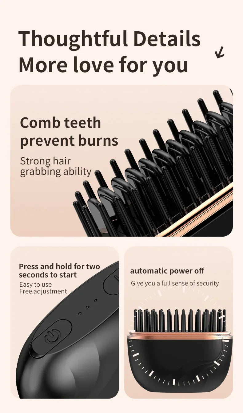 Smart hair styling brush with comb teeth, auto shut-off, and easy start button for safe, tangle-free styling