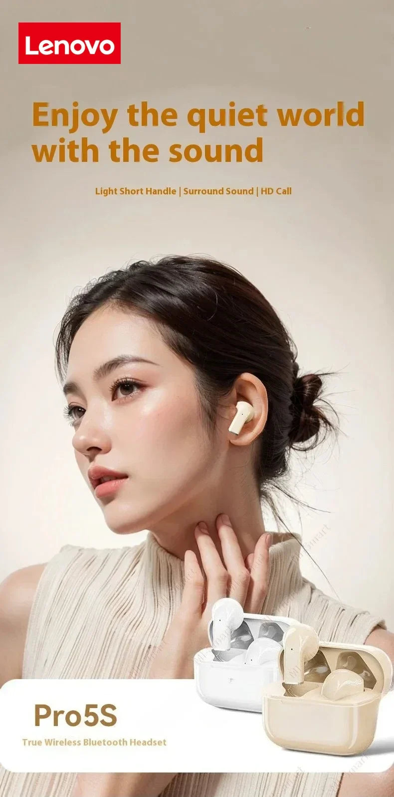 Lenovo Pro5S true wireless Bluetooth earbuds with charging case, featuring surround sound and HD call