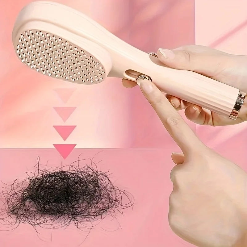 Pink pet grooming brush with self-cleaning button, removes loose fur easily for dogs and cats