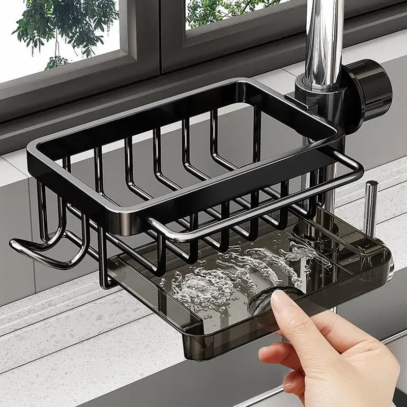 Black kitchen sink caddy organizer with drain tray, mounted on faucet for soap and sponge storage