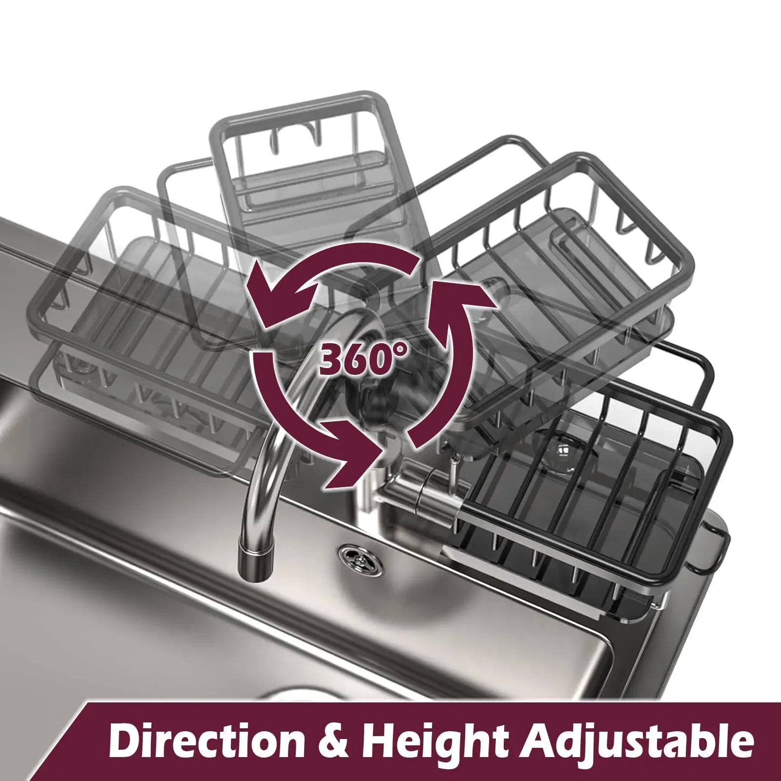 Adjustable 360° kitchen sink caddy with height and direction settings for countertop organization