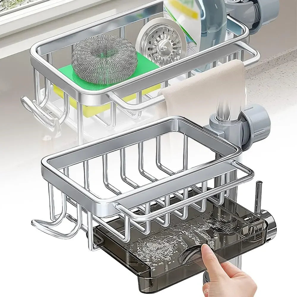 Stainless steel sink caddy with drain tray, sponge holder, and towel bar for kitchen organization