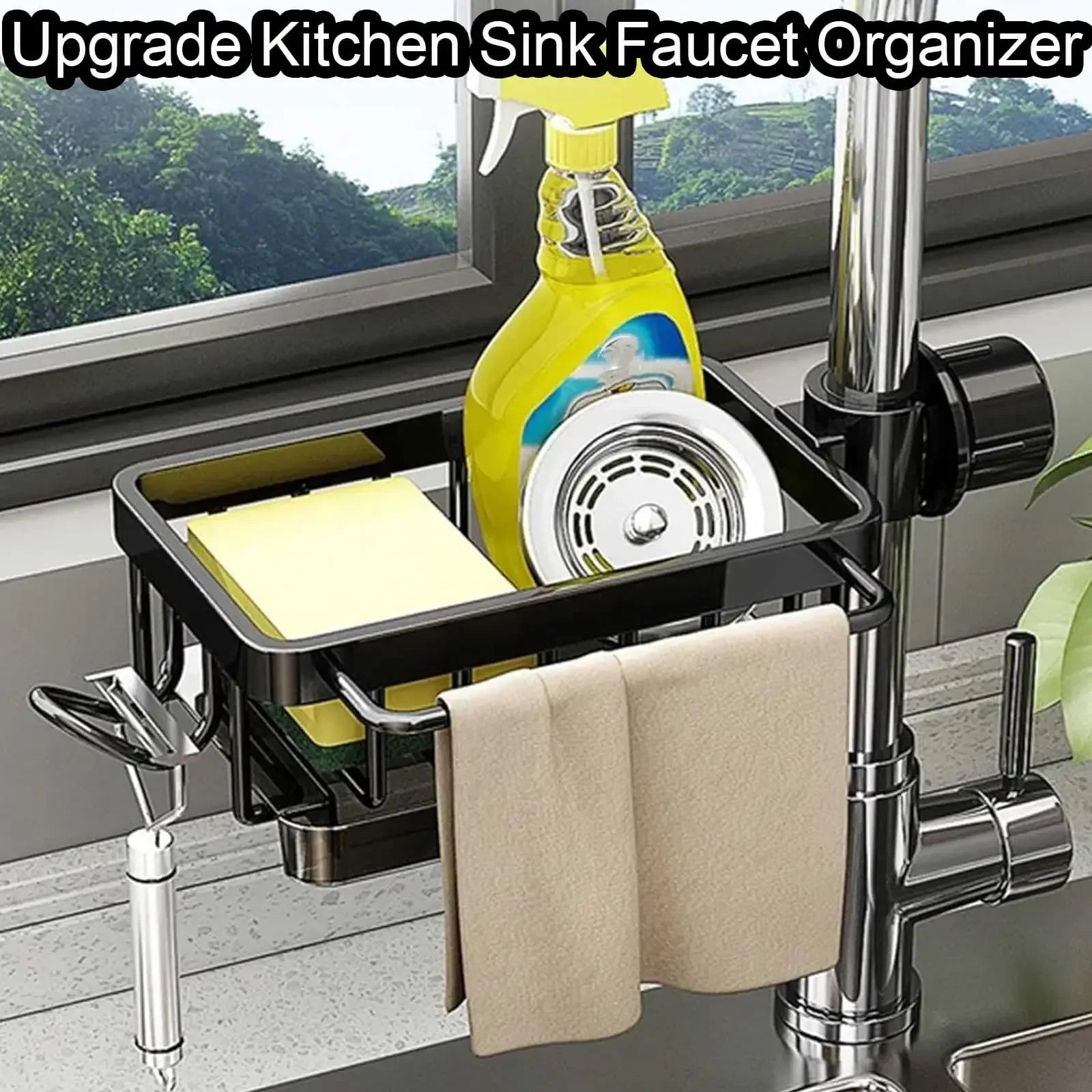 Black kitchen sink faucet organizer with sponge, spray bottle, and towel holder for countertop storage