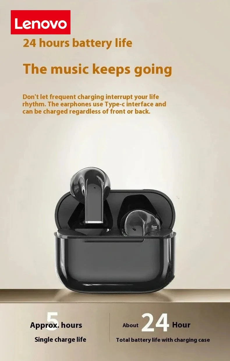 Lenovo wireless earbuds with 24-hour battery life, Type-C charging case, sleek black design