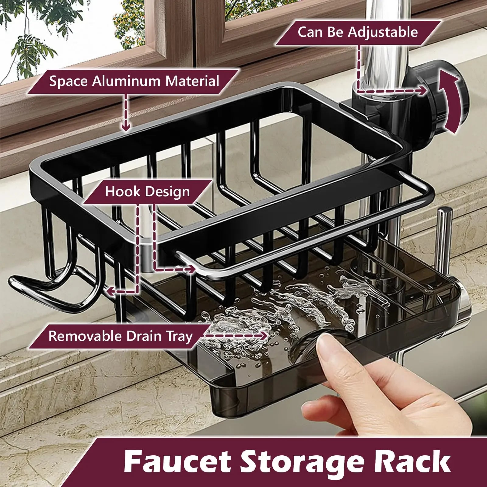 Adjustable black faucet storage rack with hook design, removable drain tray, space aluminum material for kitchen organization