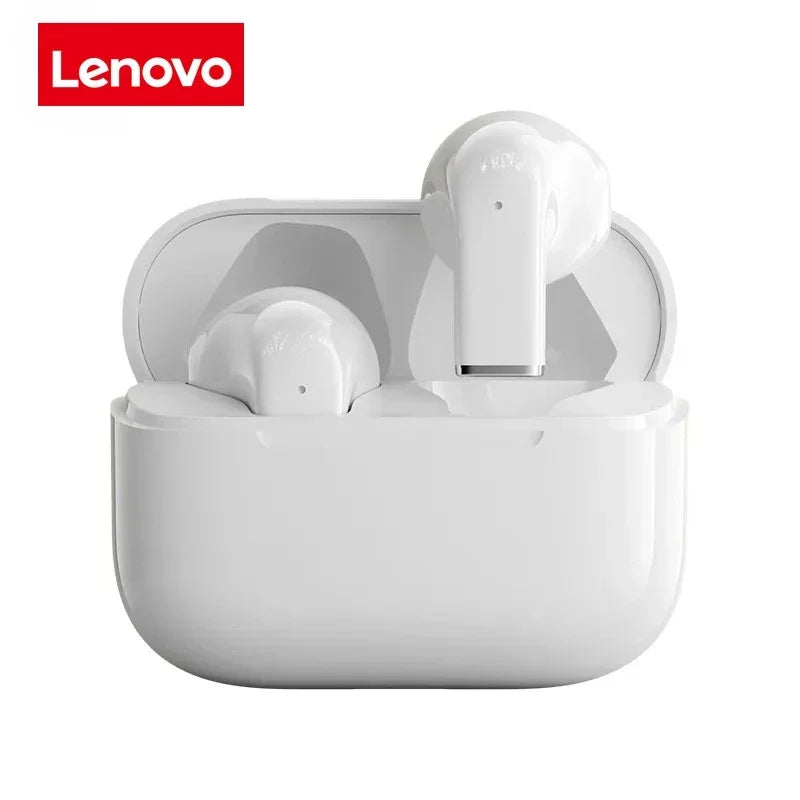 White Lenovo wireless earbuds with charging case, sleek design for everyday use