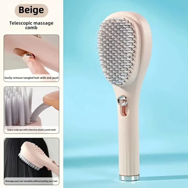 Beige telescopic massage comb for scalp spa, tangle-free hair brushing with elastic teeth