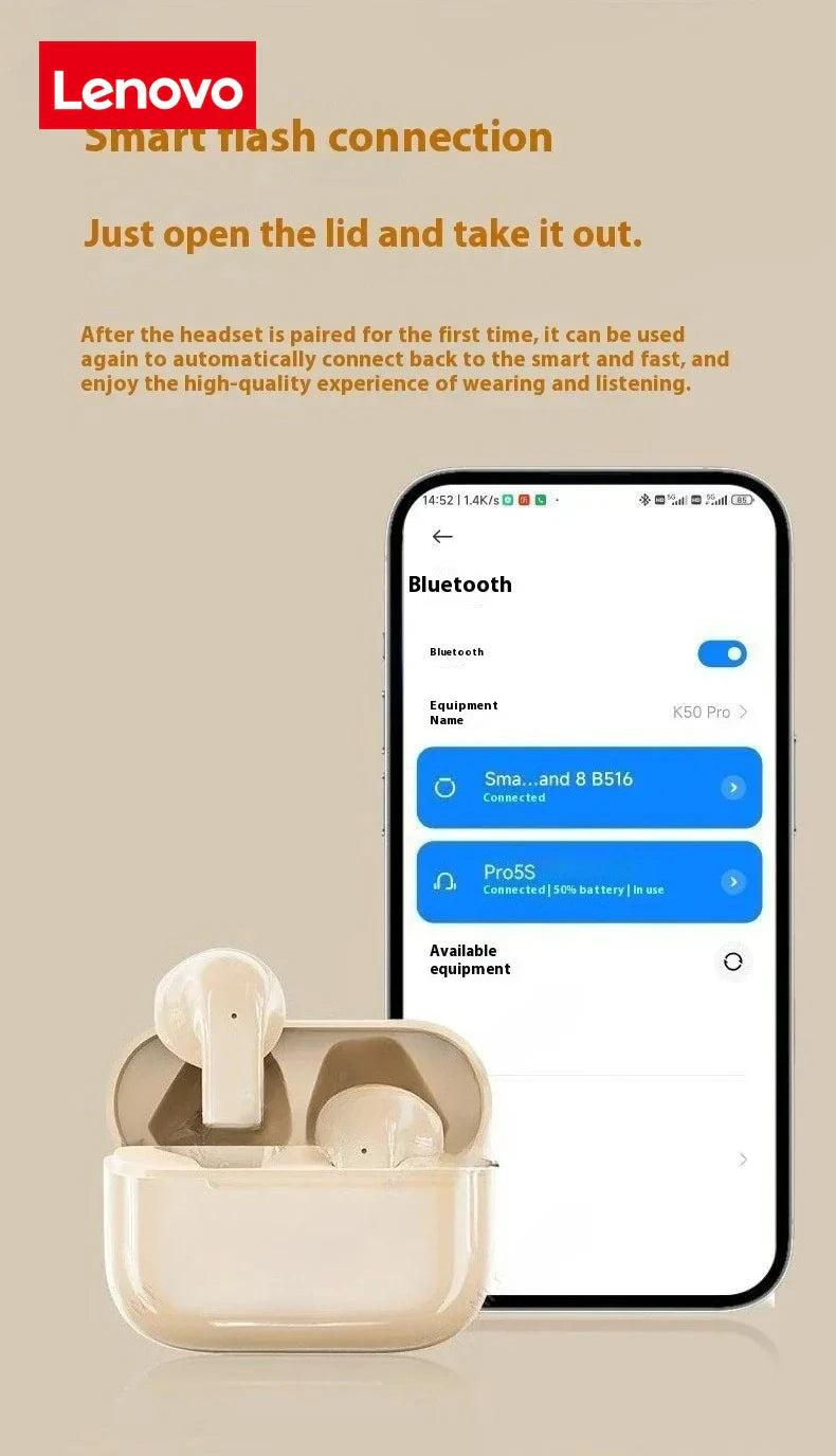 Lenovo wireless earbuds with charging case, smart Bluetooth connection shown on phone screen