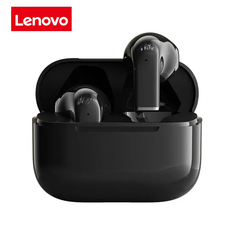Lenovo wireless earbuds in sleek black charging case, compact design for on-the-go use