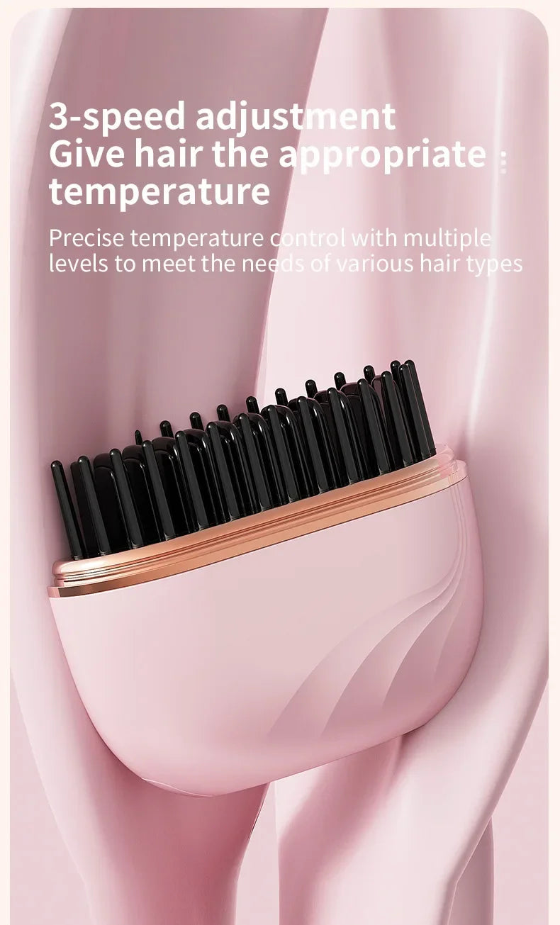 Pink hair straightening brush with 3-speed temp control for all hair types