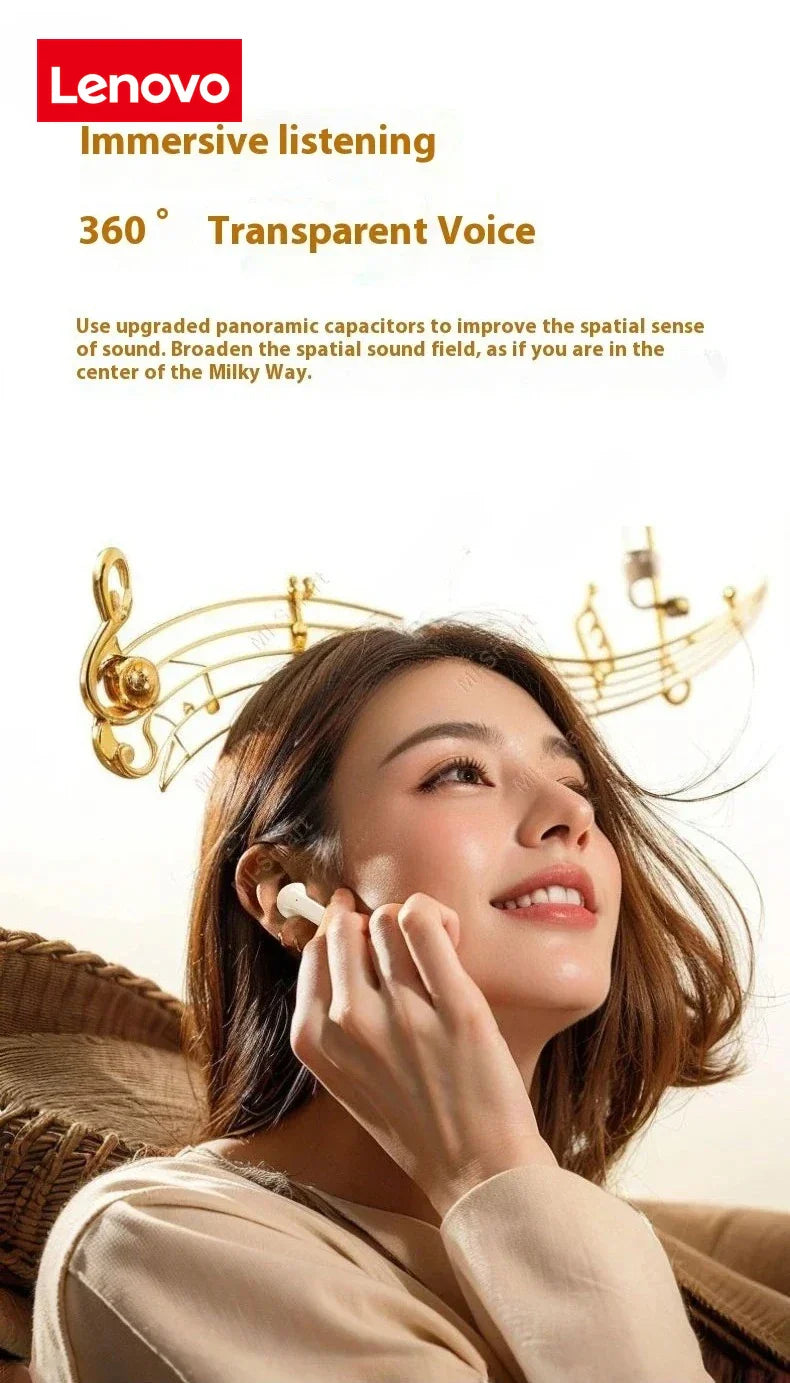 Woman enjoying immersive 360° sound with Lenovo wireless earbuds, golden music notes floating nearby