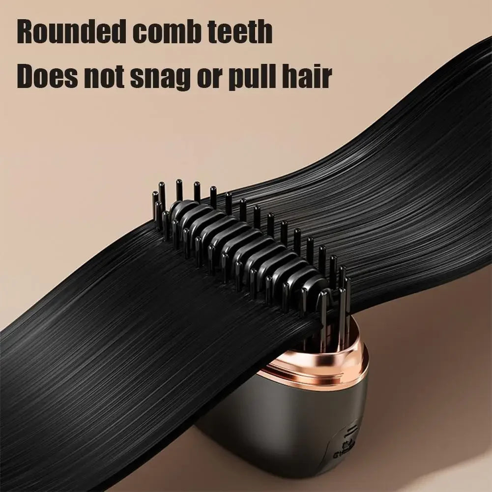 Hair straightener with rounded comb teeth gliding through black hair, gentle styling without snagging