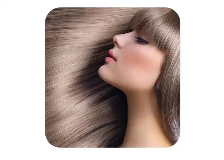 Woman with long, smooth blonde hair and bangs, side profile