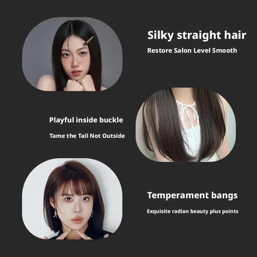 Silky straight hair with playful inside buckle and temperament bangs for salon-smooth style