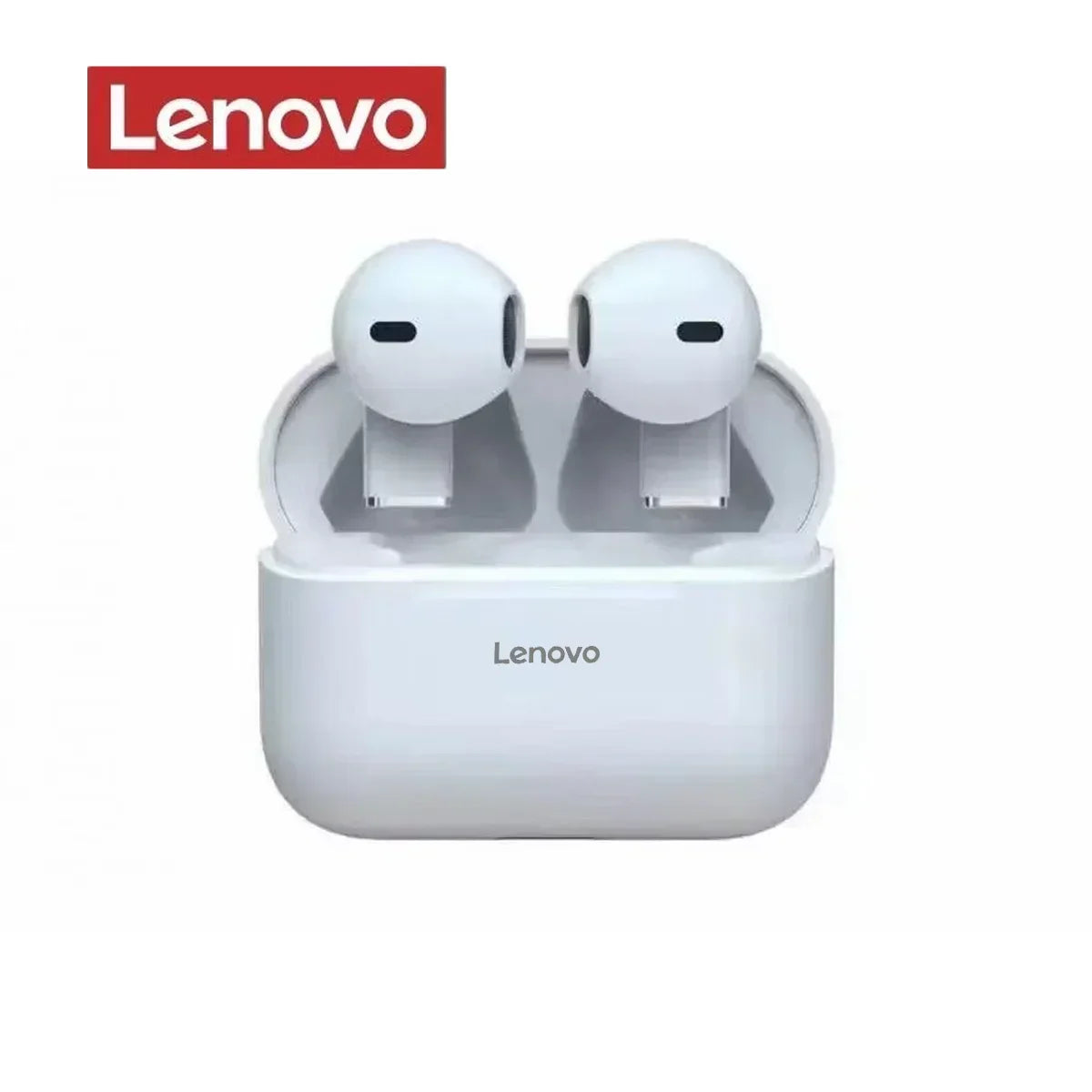 Lenovo wireless earbuds in charging case, sleek white design for everyday use