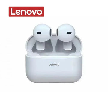 Lenovo wireless earbuds in charging case, sleek white design for everyday use
