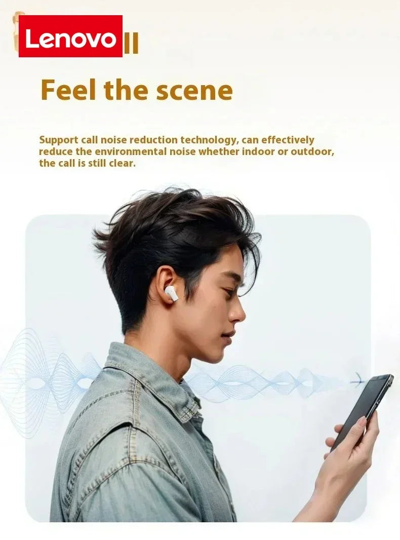 Man using Lenovo wireless earbuds with noise reduction for clear calls indoors or outdoors