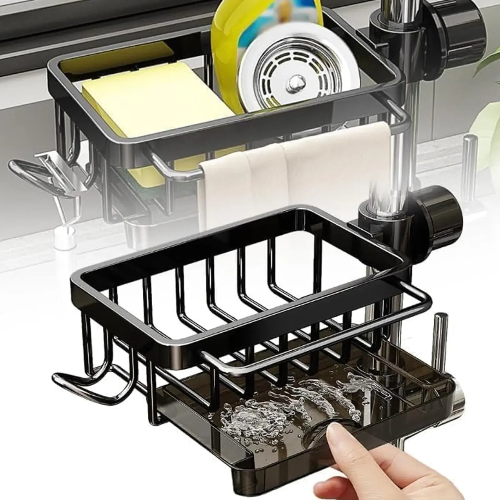 Black kitchen sink caddy organizer with sponge holder, towel bar, and drain tray for countertop storage