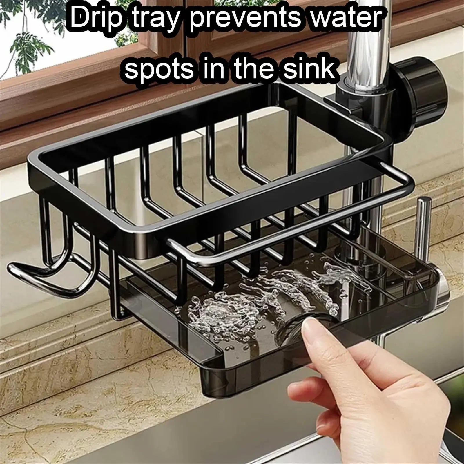 Black kitchen sink caddy with drip tray, prevents water spots, holds sponges & soap, attaches to faucet