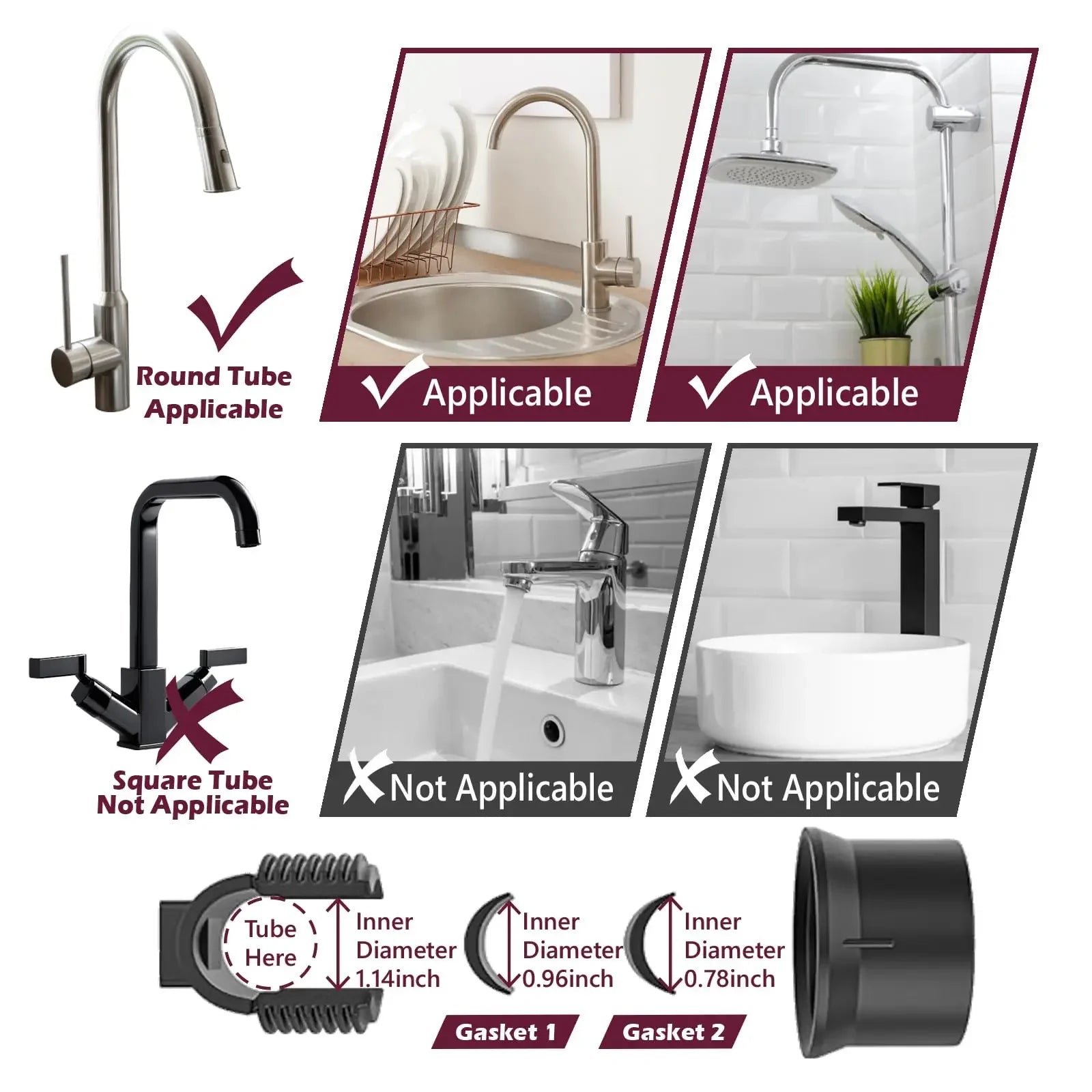 Kitchen & bathroom faucet adapter compatibility guide with gasket sizes for round tube fixtures