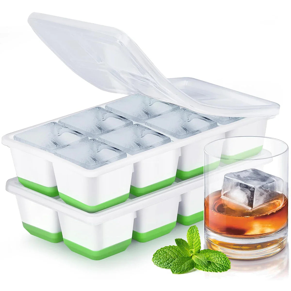 Silicone Ice Cube Tray With Lid – Stackable Square Ice Mold for Whiskey & Cocktails
