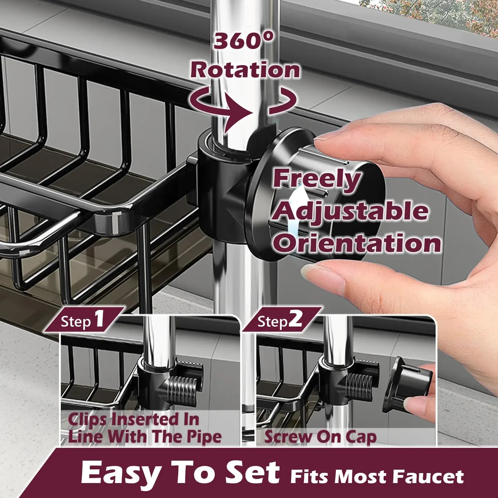 Adjustable faucet organizer with 360° rotation, easy clip-on setup for kitchen sink storage