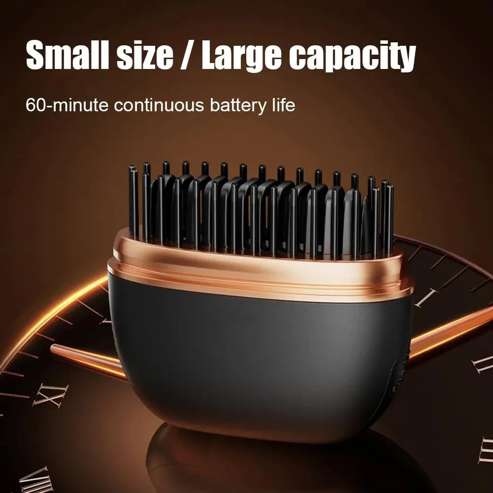 Compact black and gold electric hair brush with 60-min battery life, sleek design for styling