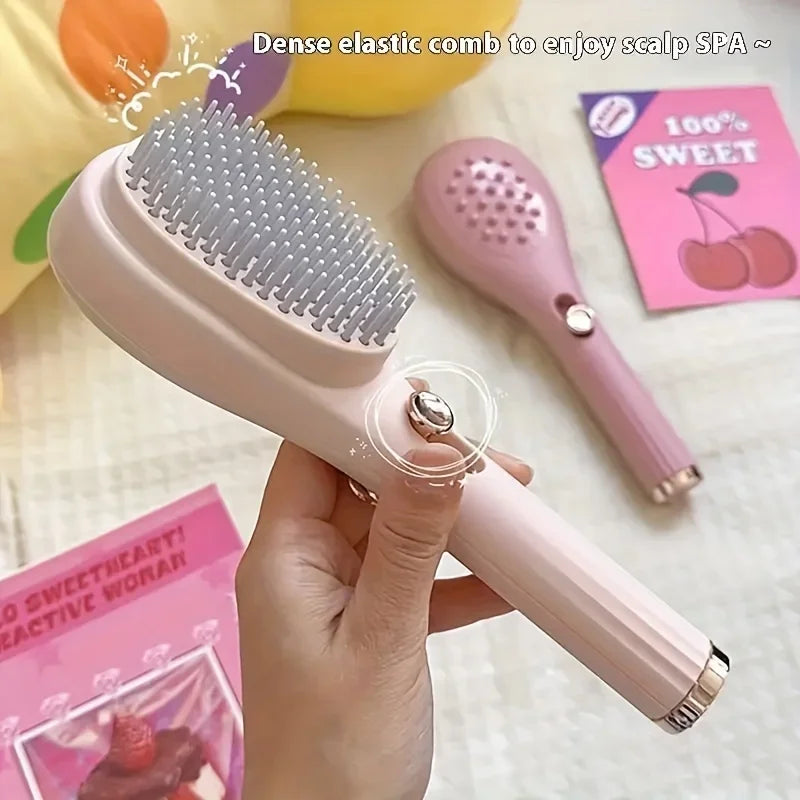 Pink scalp massager brush with dense elastic bristles for relaxing scalp spa treatment