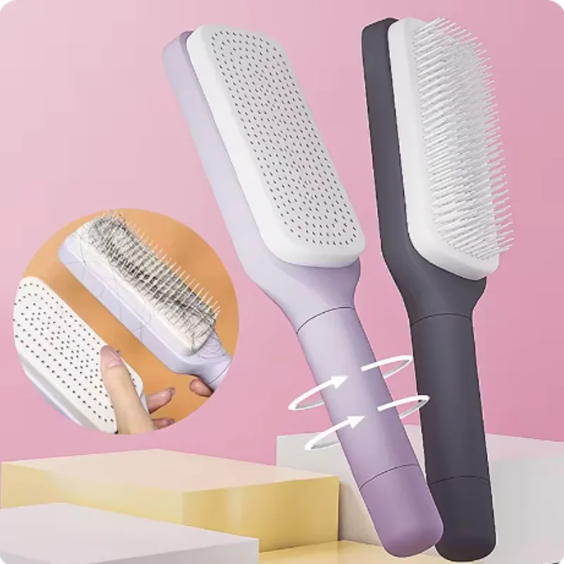 Self-cleaning hair brush with retractable bristles, purple and gray, easy hair removal tool