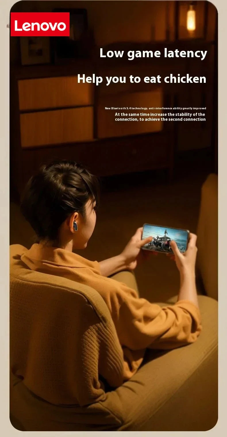 Person gaming on phone with Lenovo wireless earbuds, low latency for smooth gameplay