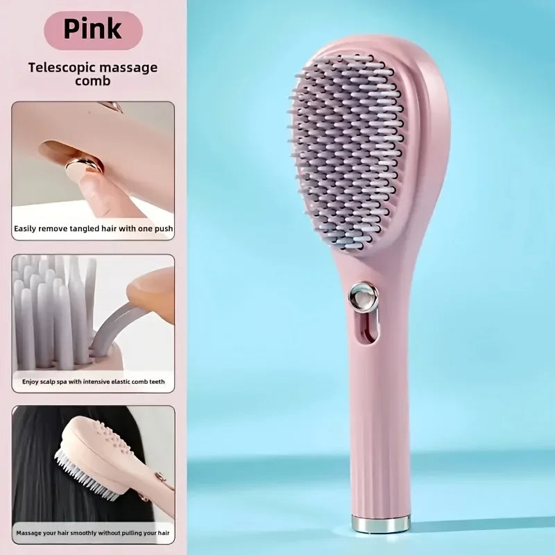Pink telescopic massage comb for tangle-free hair & scalp spa, gentle detangling without pulling