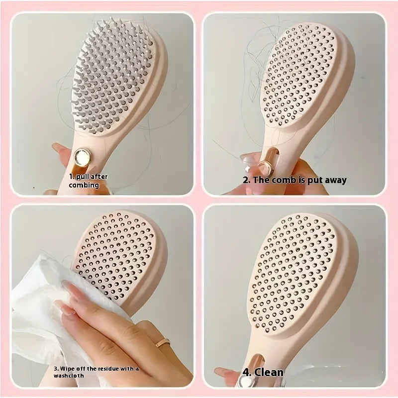 Easy-clean hairbrush with self-cleaning mechanism, removes hair residue with wipe and pull design