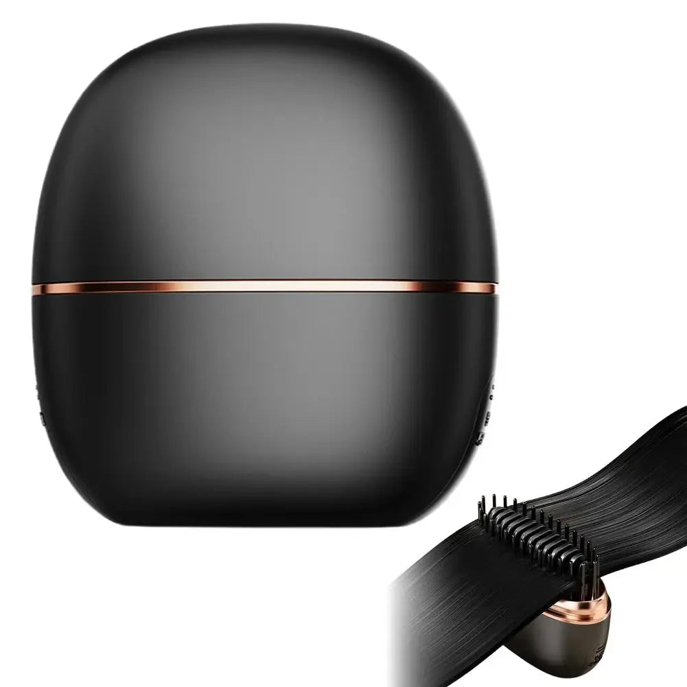 Black cordless hair straightener with rose gold accents, shown with sleek styling attachment