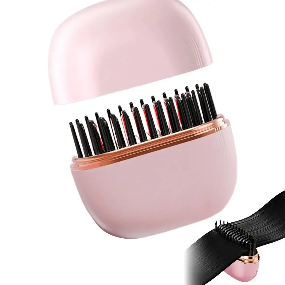 Pink portable hair straightening brush with black bristles, compact design for easy styling on the go