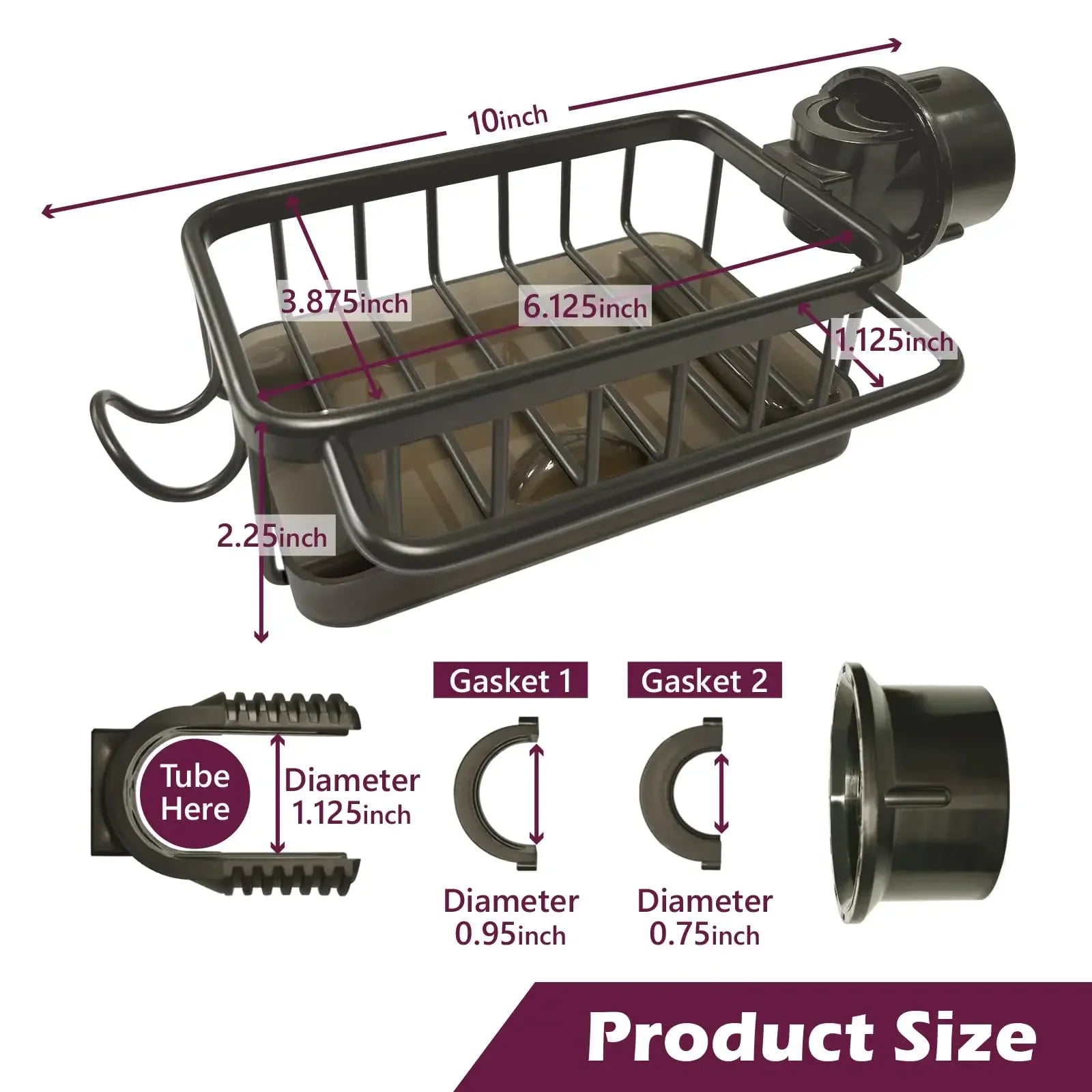 Black metal shower caddy with dimensions, suction cup mount, and gasket sizes for tub or shower use