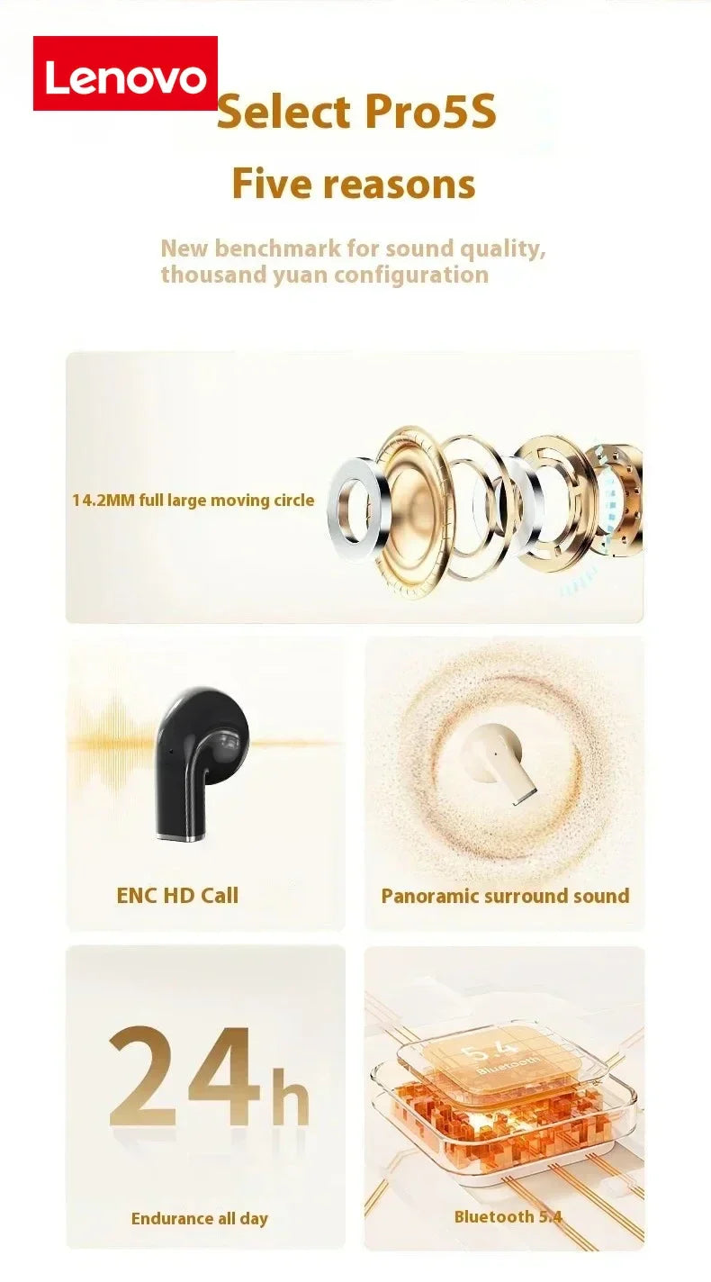 Lenovo Select Pro5S wireless earbuds with 14.2mm drivers, ENC HD call, panoramic sound, 24h battery, Bluetooth 5.4